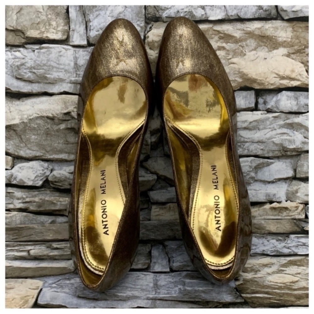 #07 Antonio Melani Stiletto Gold Black Leather Heels Pumps Shoe Women’s 6 Brazil - Picture 5 of 7